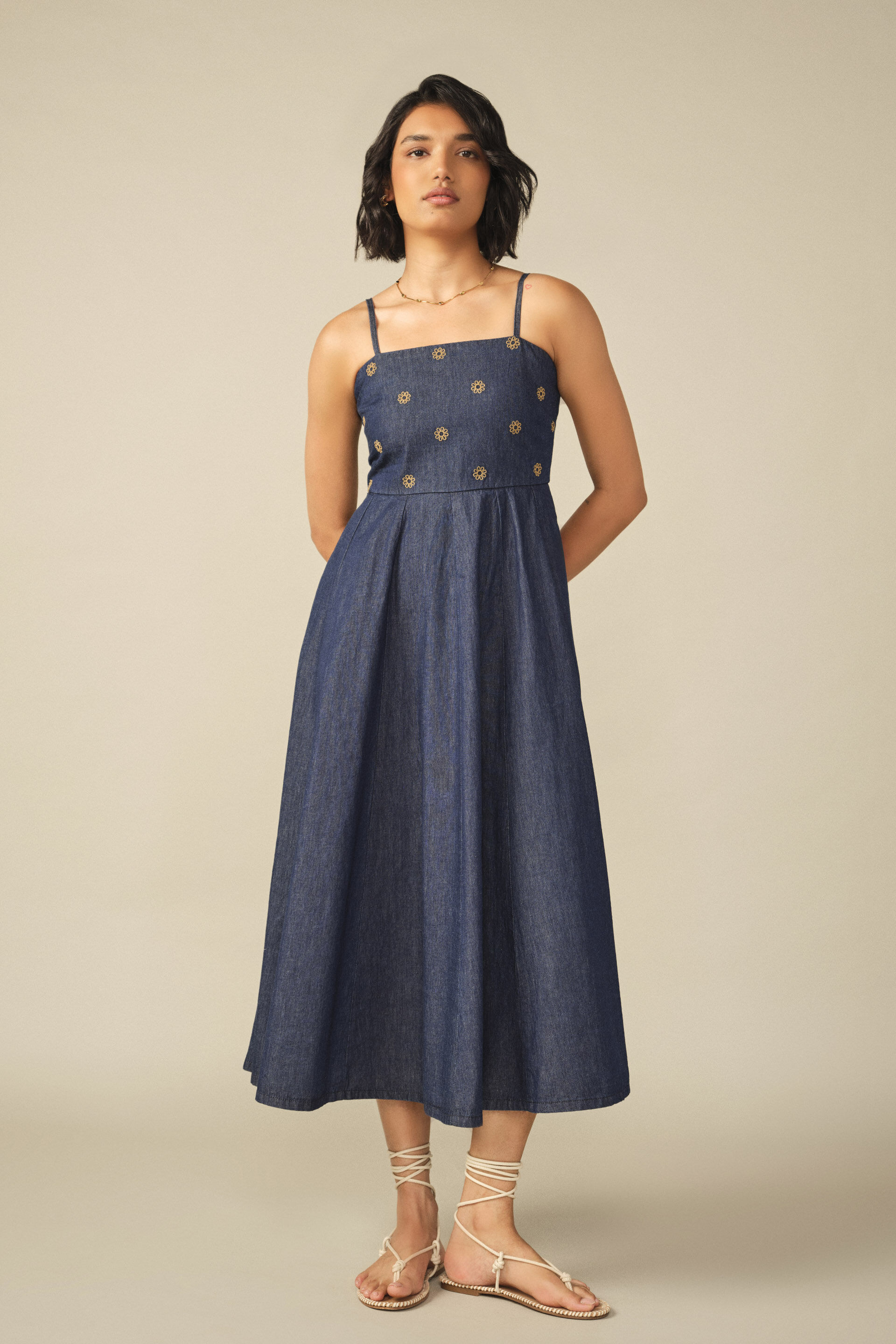 Fit & Flare Embroidered Dress in Denim Blue
